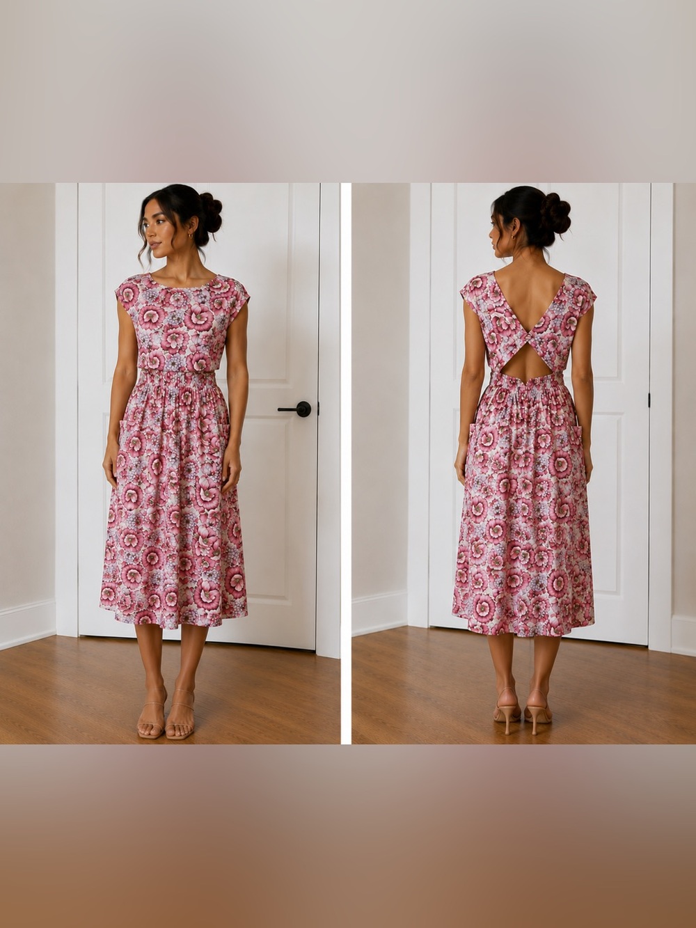 Women’s Floral Pink Midi Dress with Open Back